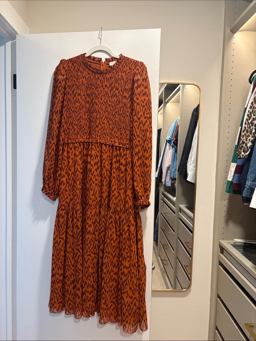 Aritzia Wilfred Rust Patterned Long Sleeve Midi Dress